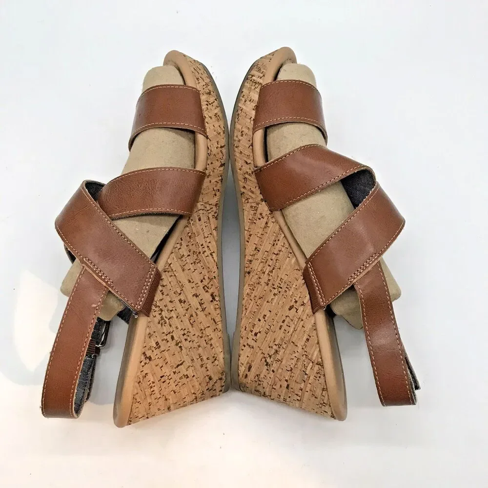 Dr. Scholl's Brenda Wedge Sandal Women's 9.5M Tan Leather & Cork Strappy Shoes